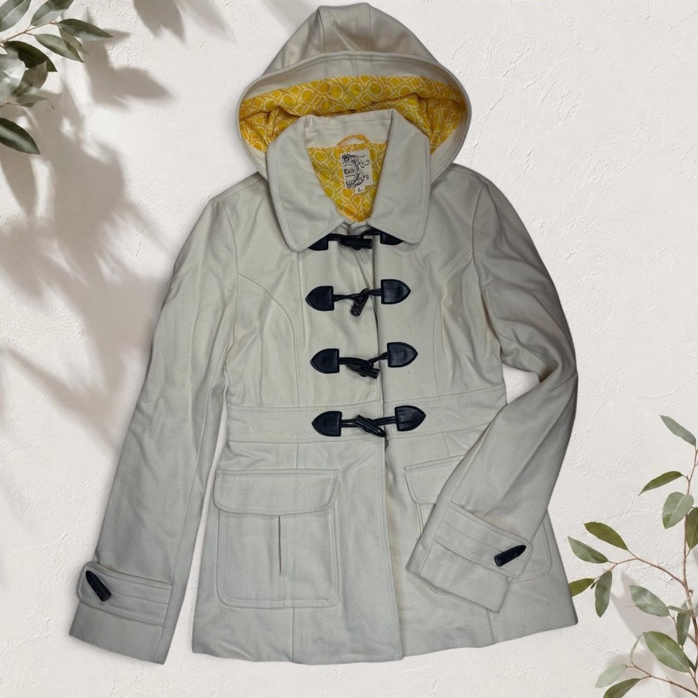 Tulle Cream Duffle Coat Yellow Lining Black Toggle Vintage Hooded Wool Blend L